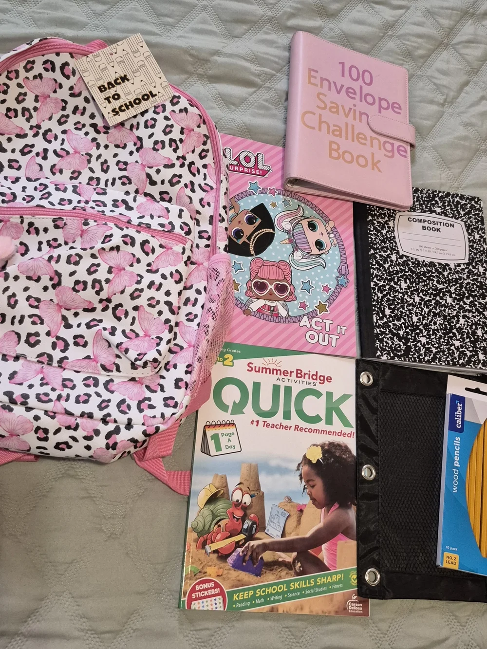 Pink Butterfly Leopard Faux Leather Backpack with School Supplies